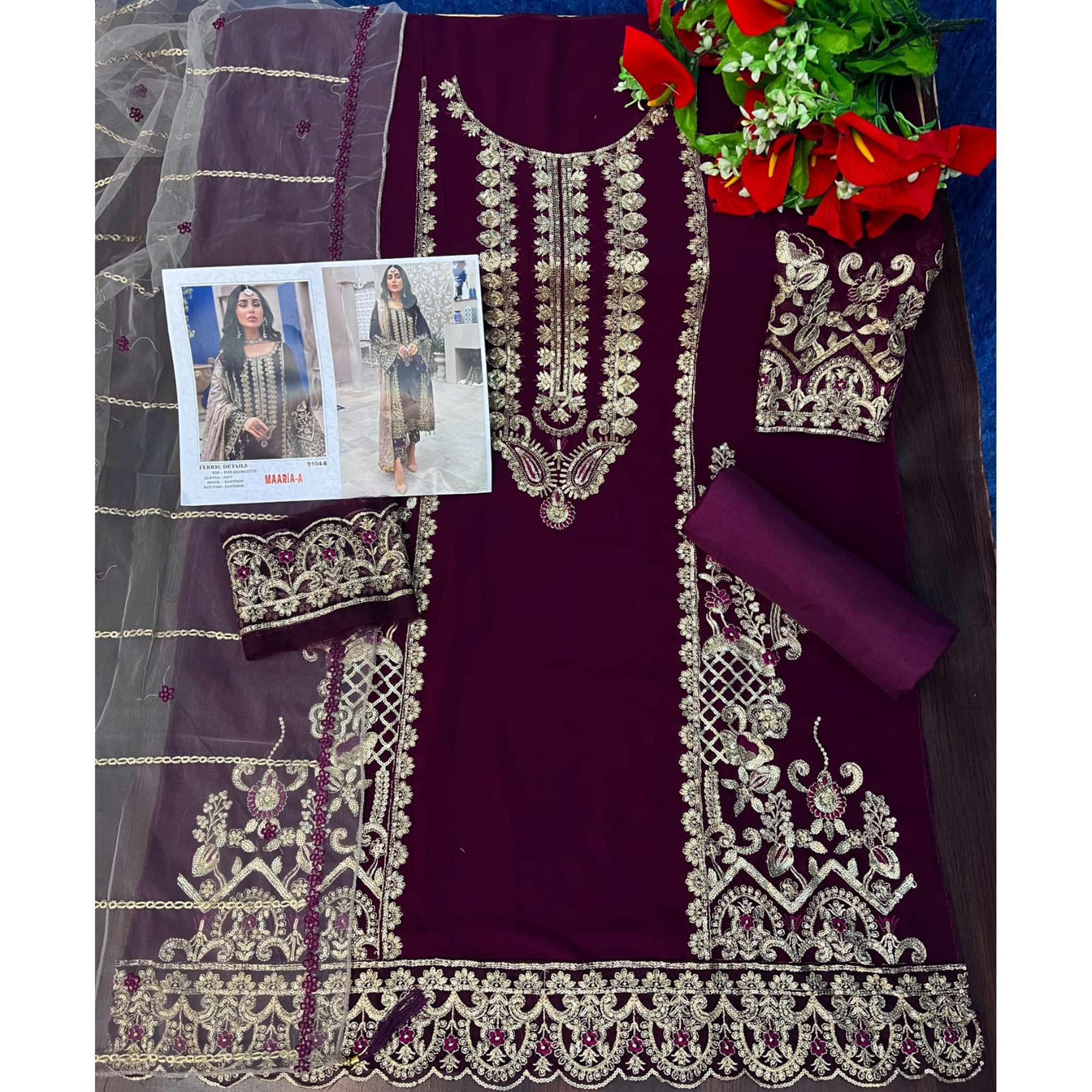 Purple Embroidered Georgette Pakistani Suit - Peachmode