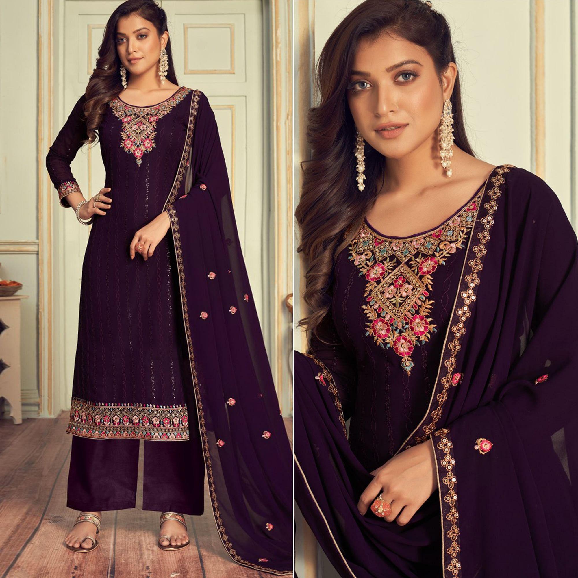 Purple Embroidered Georgette Palazzo Suit - Peachmode