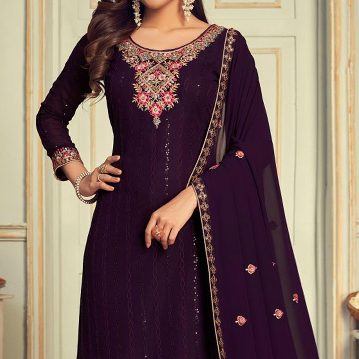 Purple Embroidered Georgette Palazzo Suit - Peachmode