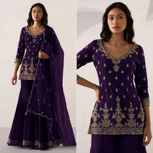 Purple Embroidered Georgette Sharara Suit - Peachmode