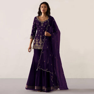 Purple Embroidered Georgette Sharara Suit - Peachmode