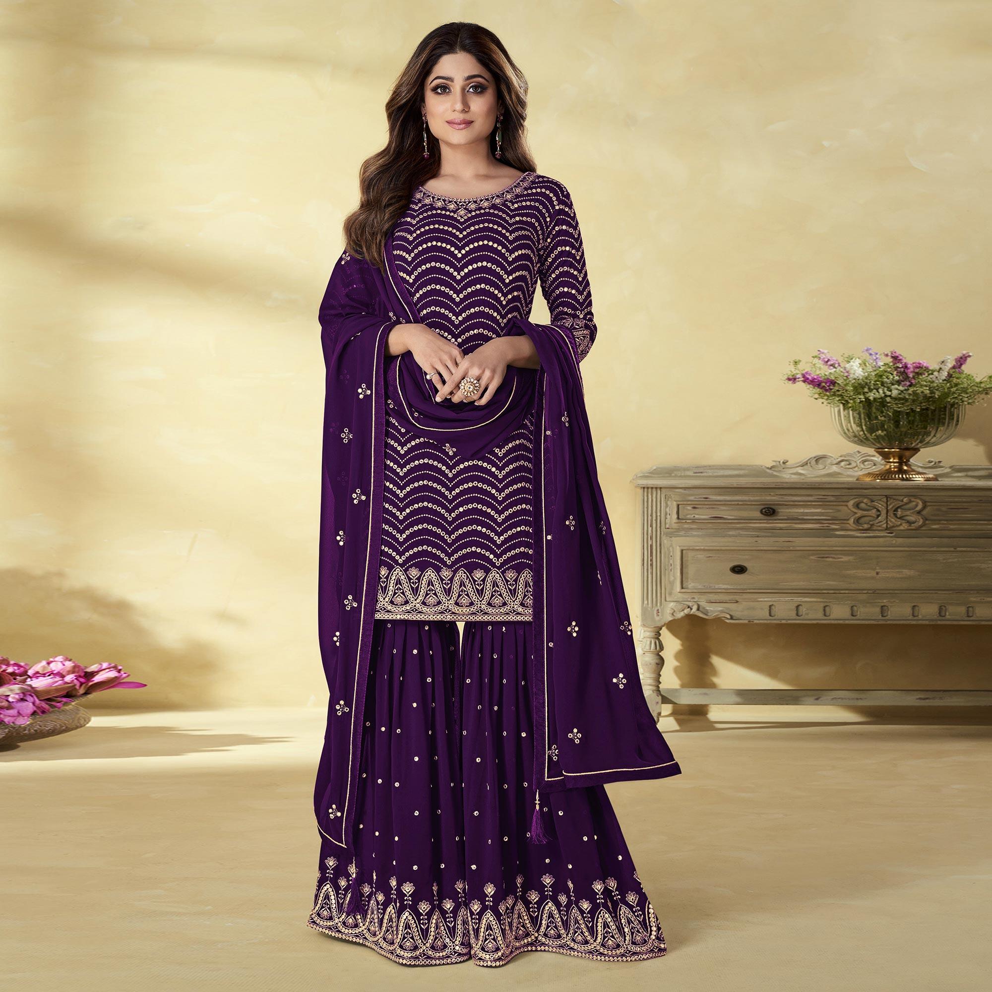 Purple Embroidered Georgette Sharara Suit - Peachmode