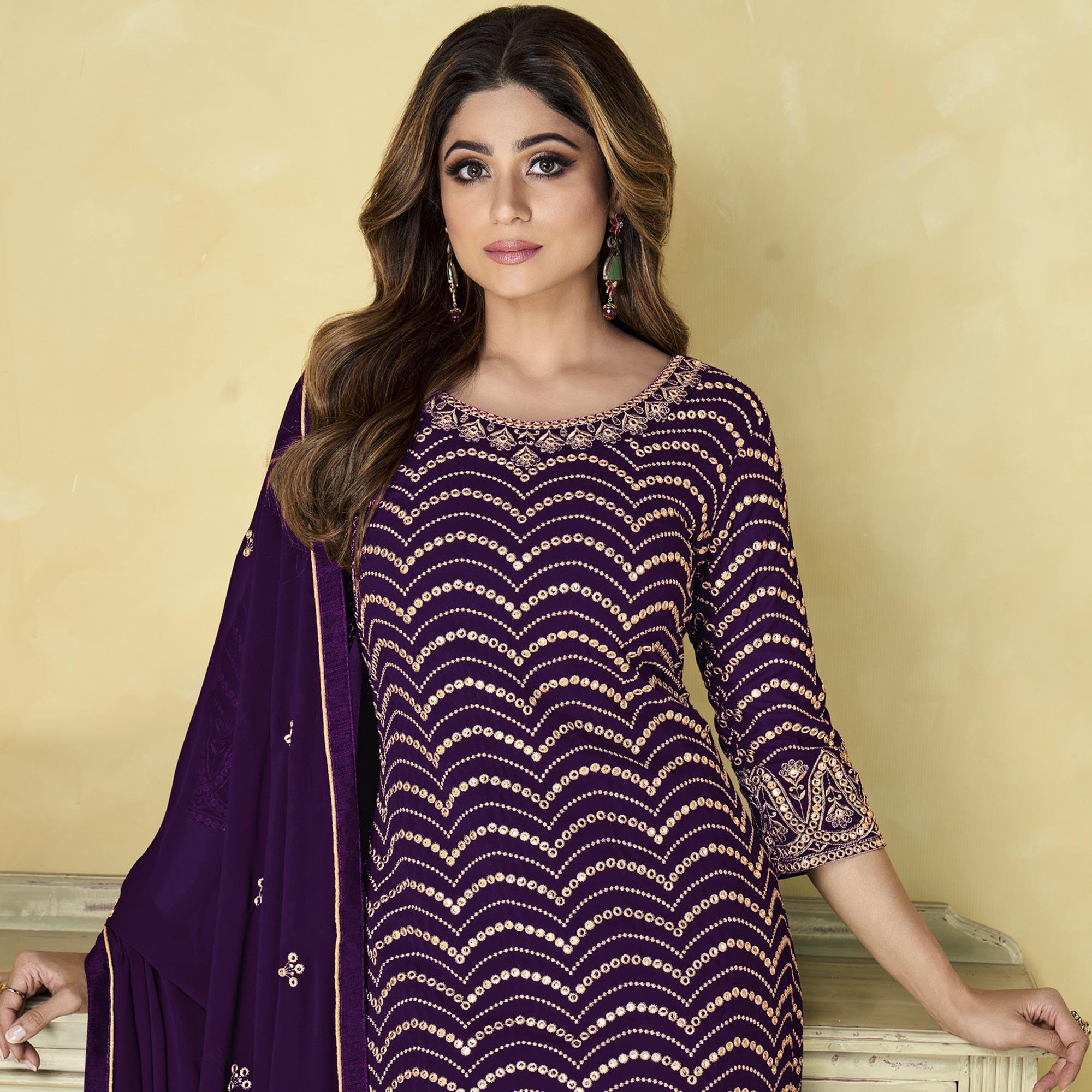 Purple Embroidered Georgette Sharara Suit - Peachmode