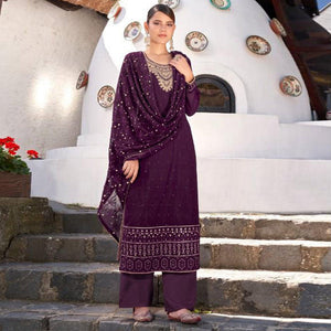 Purple Embroidered Georgette Suit - Peachmode