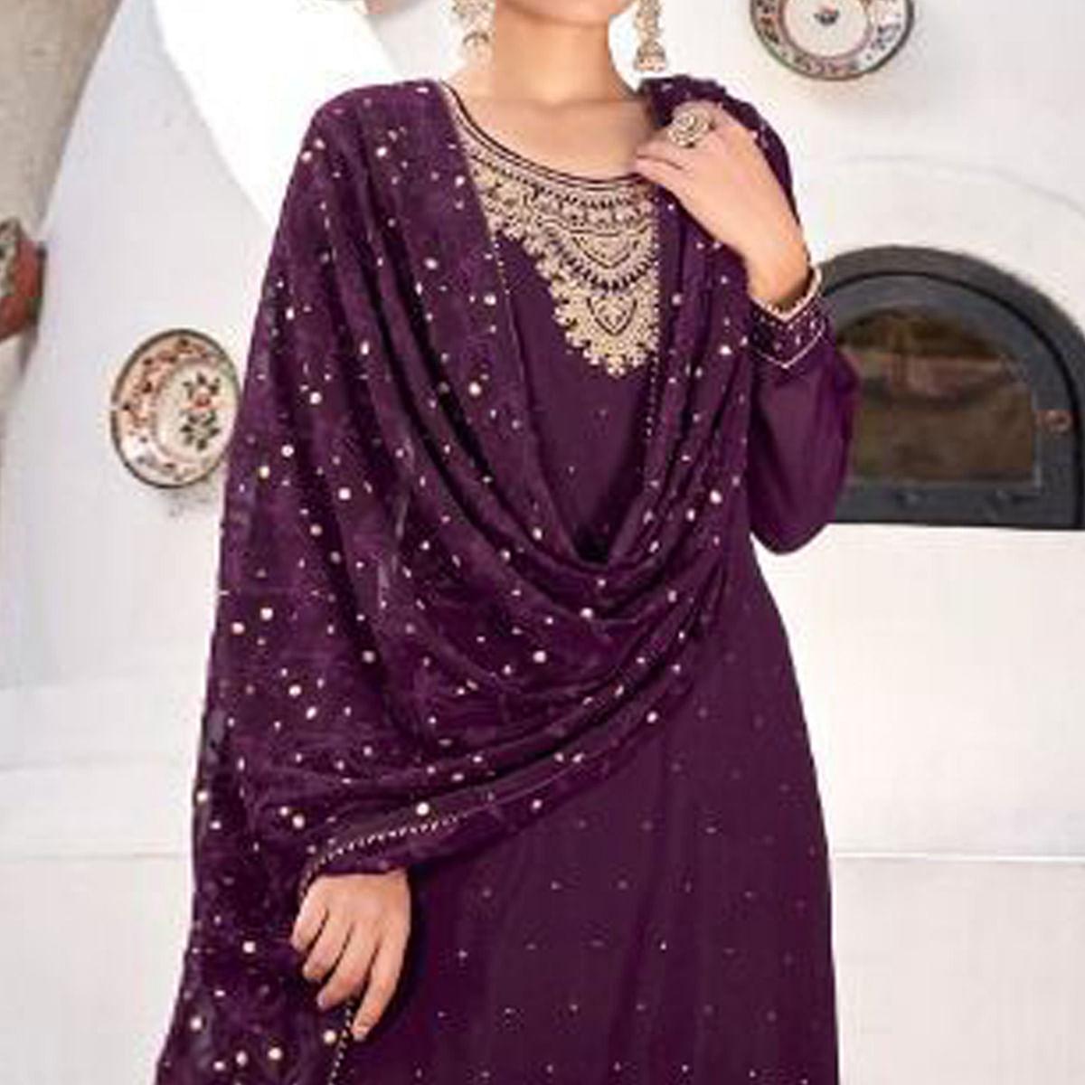 Purple Embroidered Georgette Suit - Peachmode