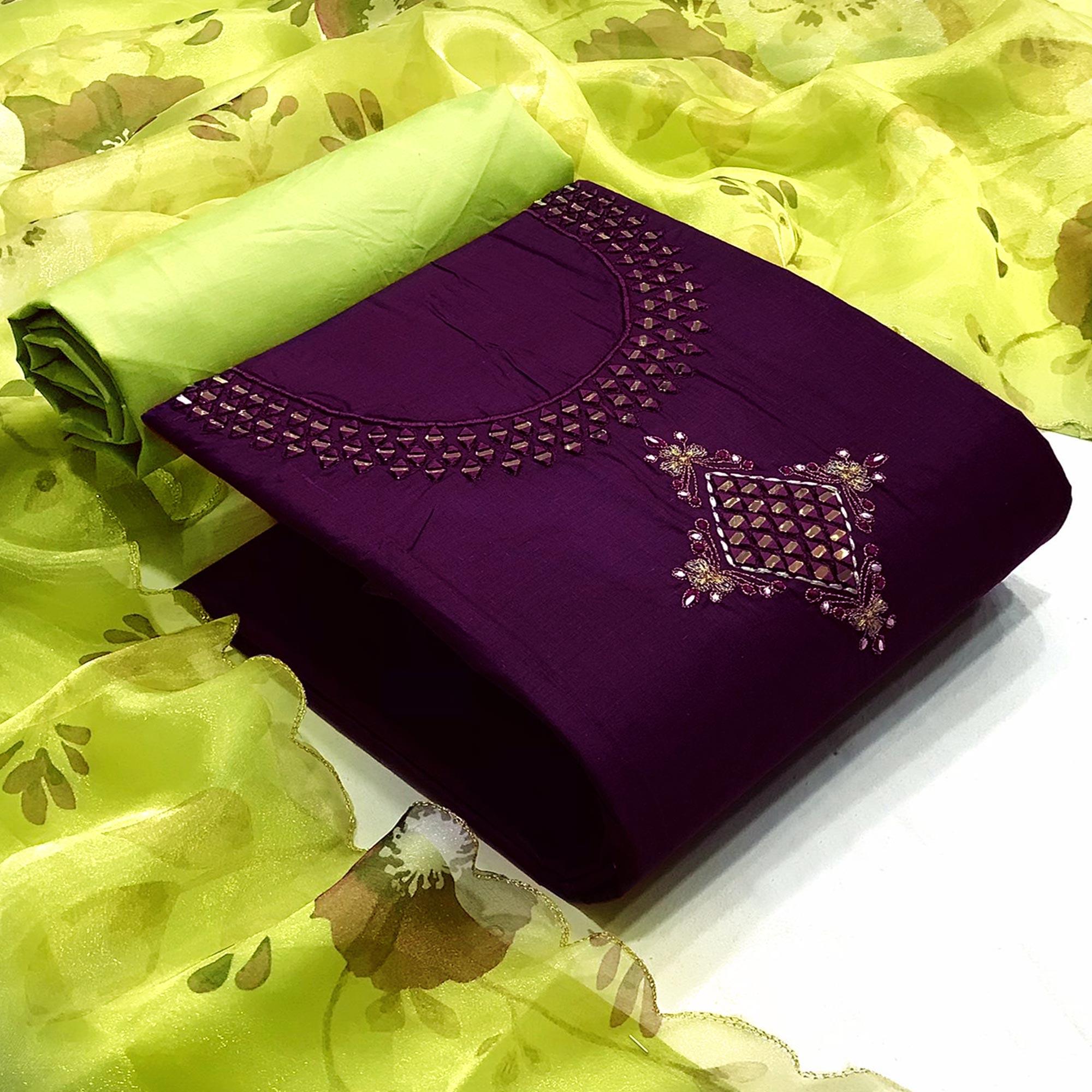 Purple Embroidered Handwork Cotton Blend Dress Material - Peachmode