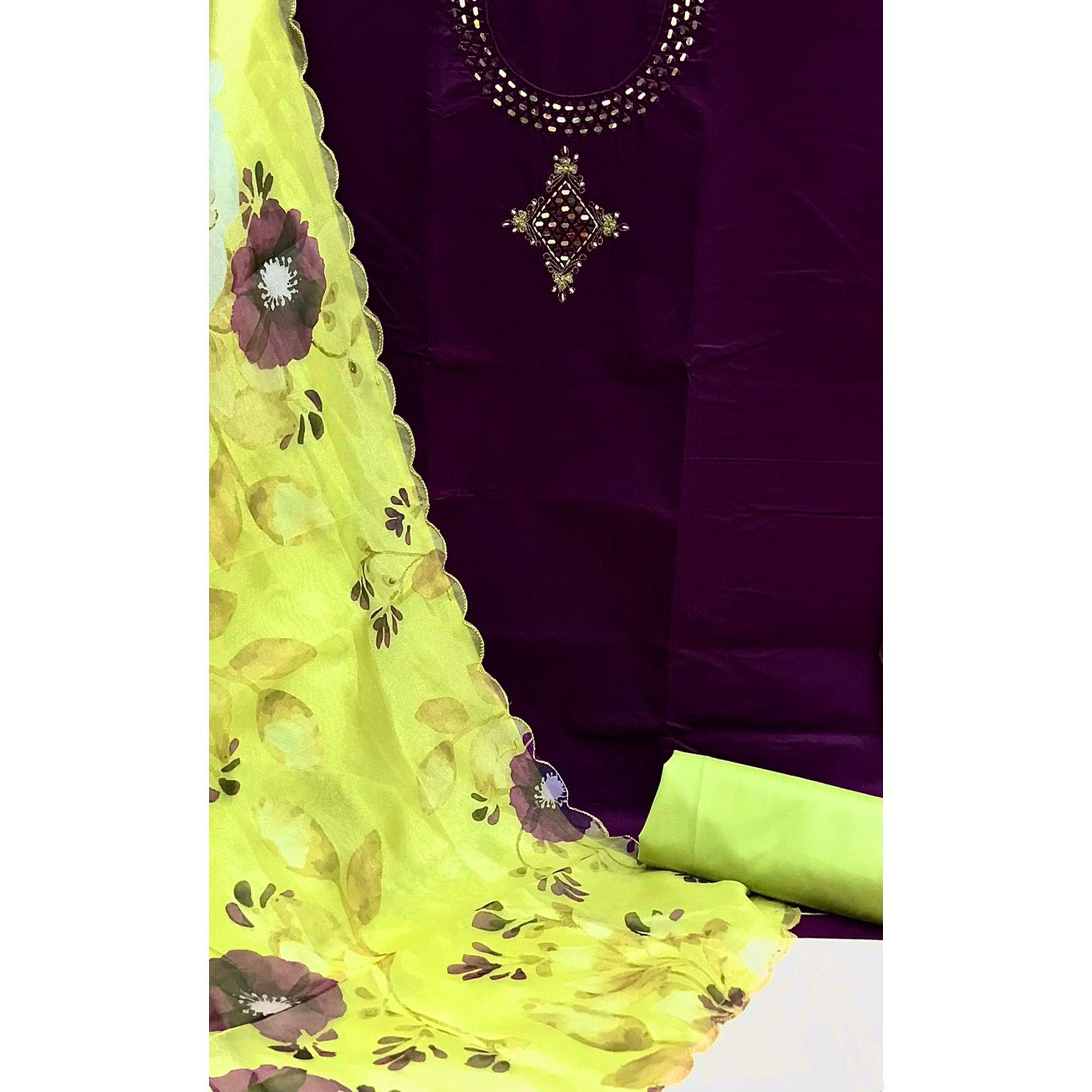 Purple Embroidered Handwork Cotton Blend Dress Material - Peachmode