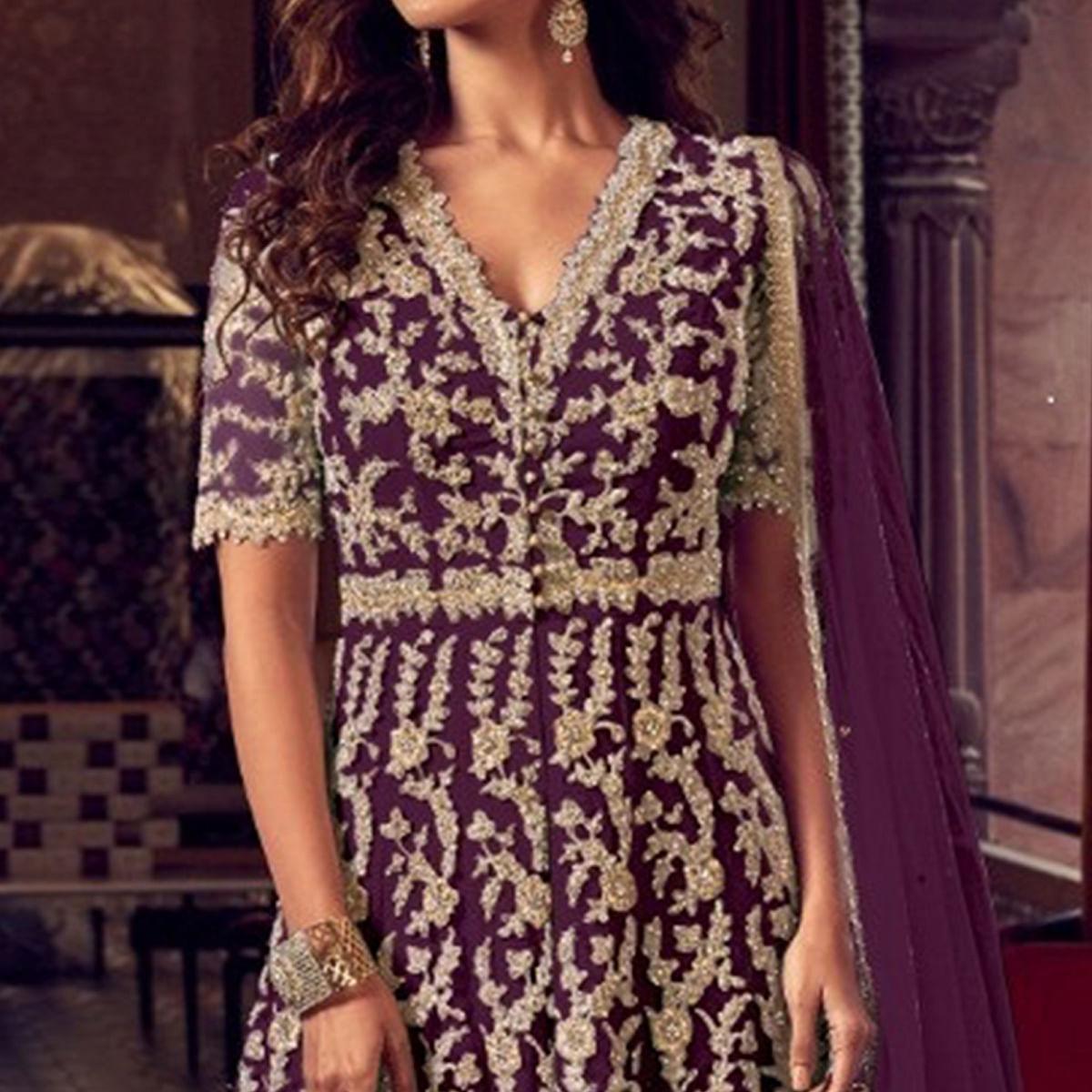 Purple Embroidered Indo Western Style Georgette Sharara Suit - Peachmode