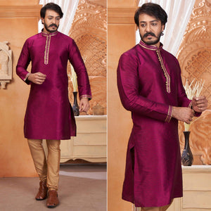 Purple Embroidered Jacquard Art Silk Silk Kurta Pyajama Set - Peachmode