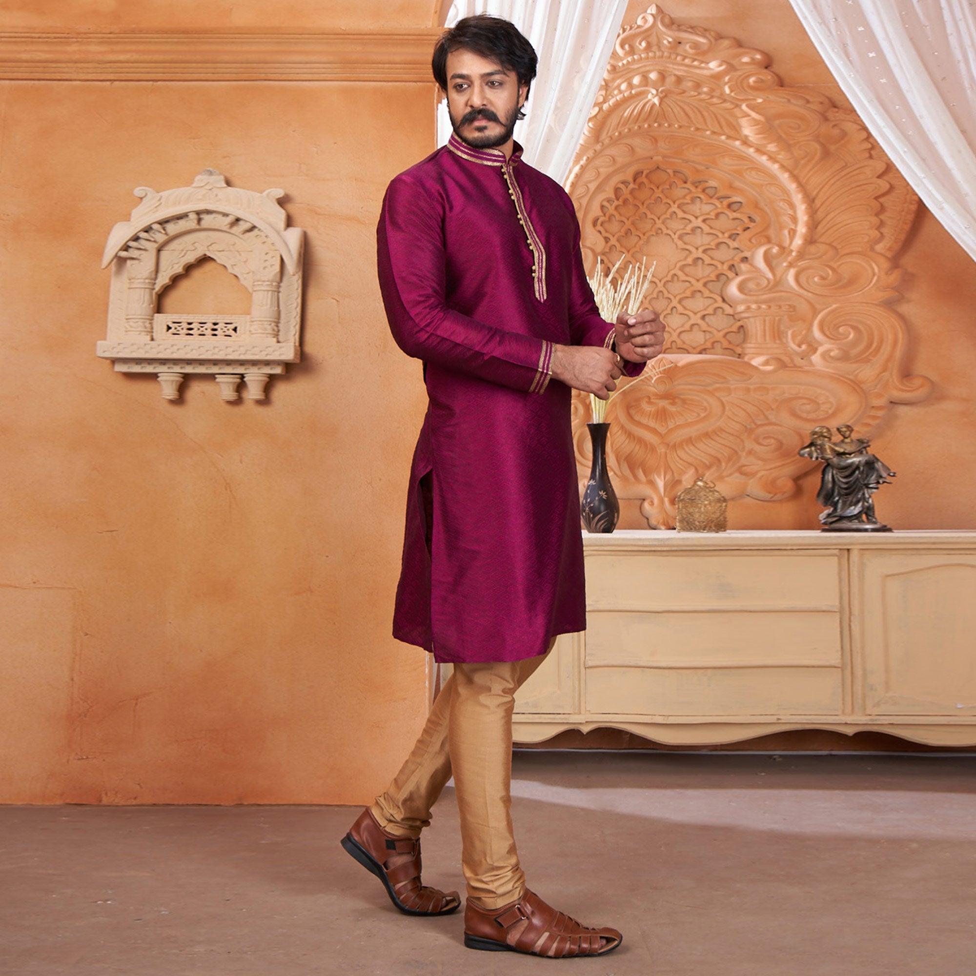 Purple Embroidered Jacquard Art Silk Silk Kurta Pyajama Set - Peachmode