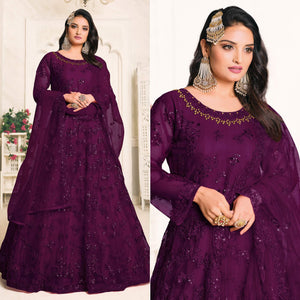 Purple Embroidered Netted Anarkali Style Gown - Peachmode