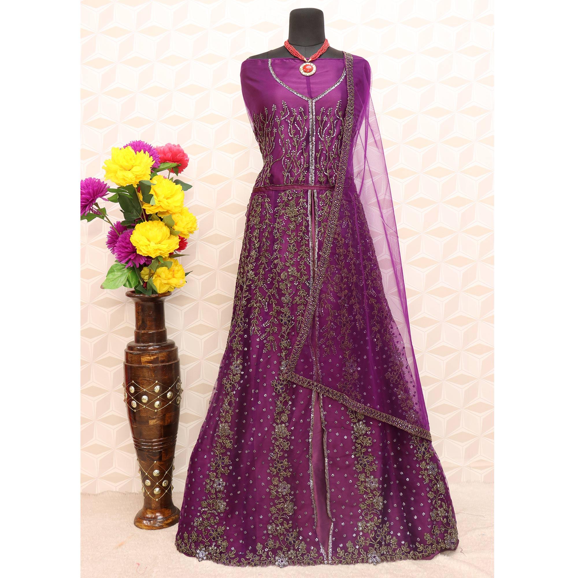 Purple Embroidered Netted Anarkali Style Gown - Peachmode