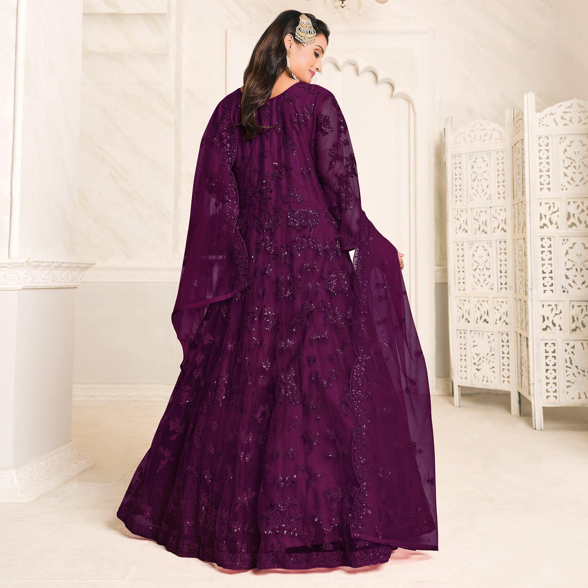 Purple Embroidered Netted Anarkali Style Gown - Peachmode