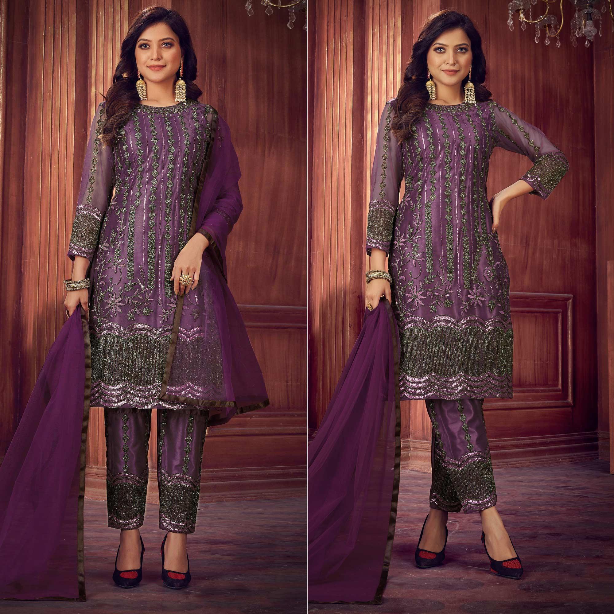 Purple Embroidered Netted Suit - Peachmode