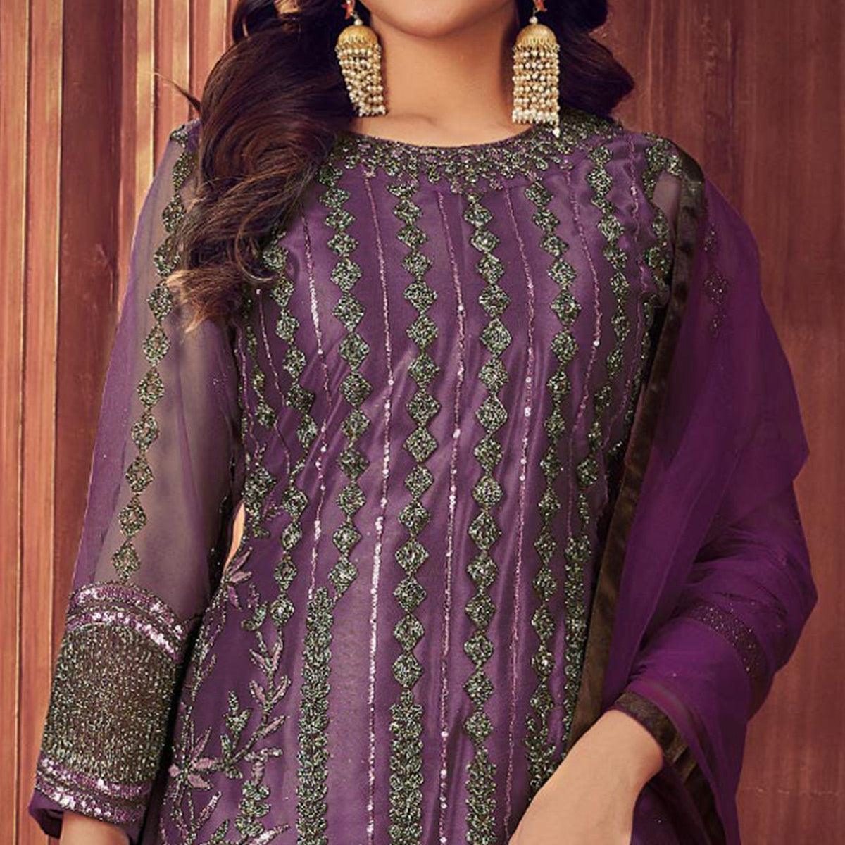 Purple Embroidered Netted Suit - Peachmode