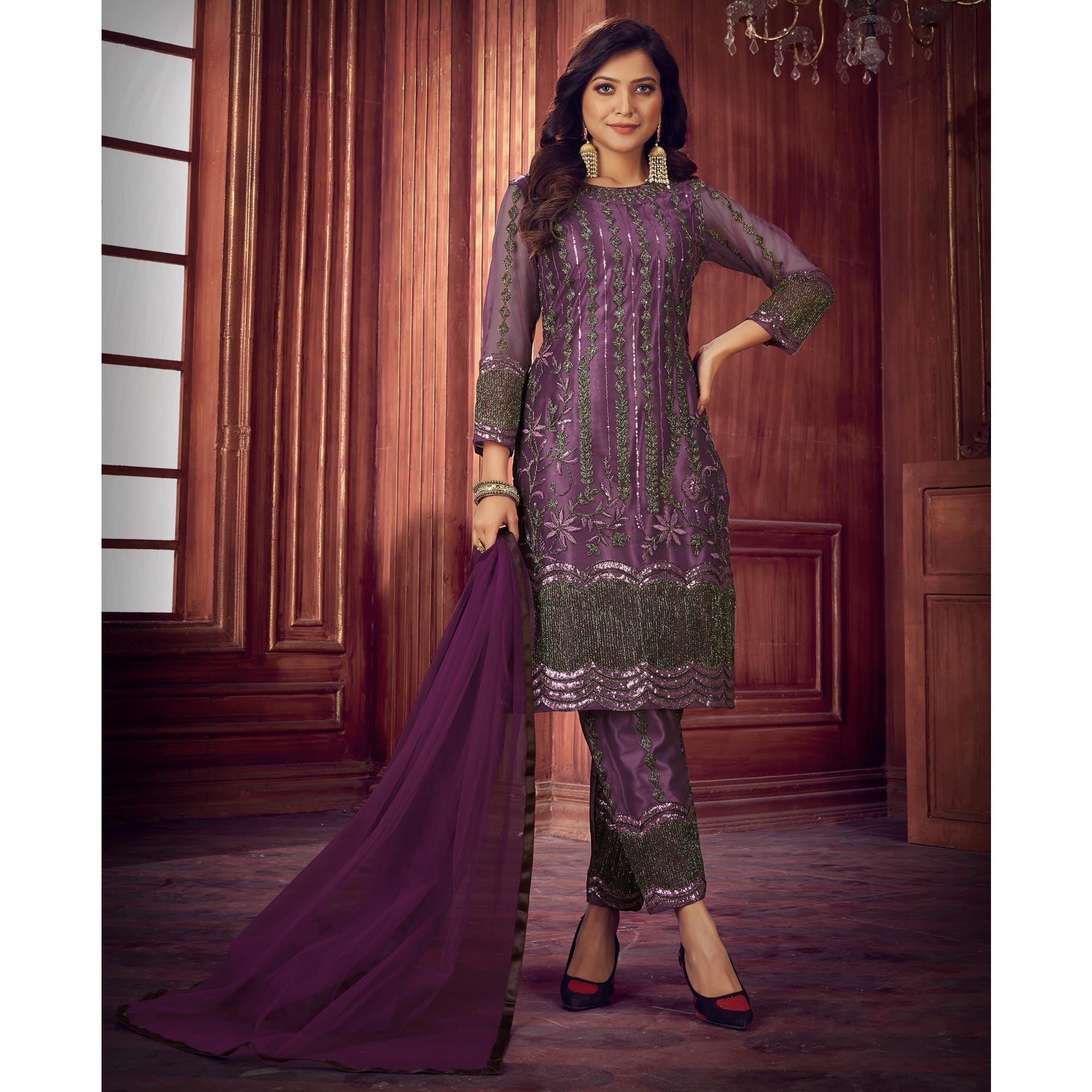 Purple Embroidered Netted Suit - Peachmode