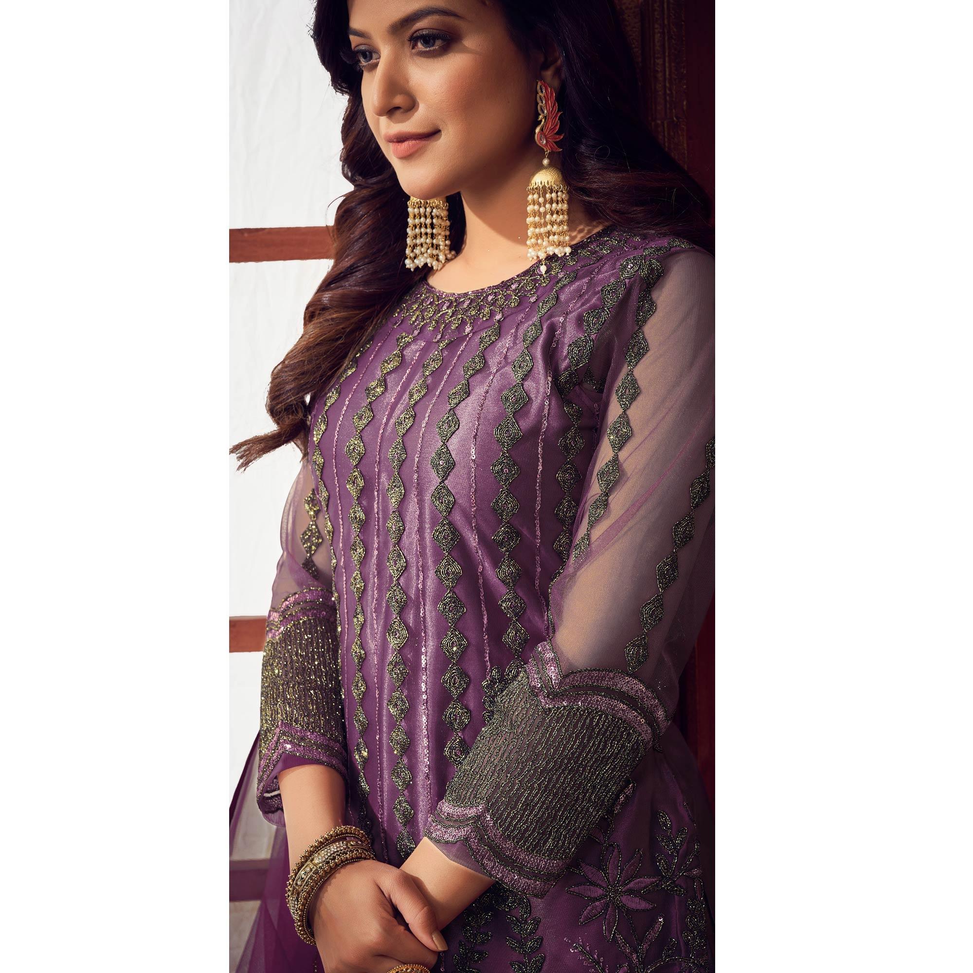 Purple Embroidered Netted Suit - Peachmode