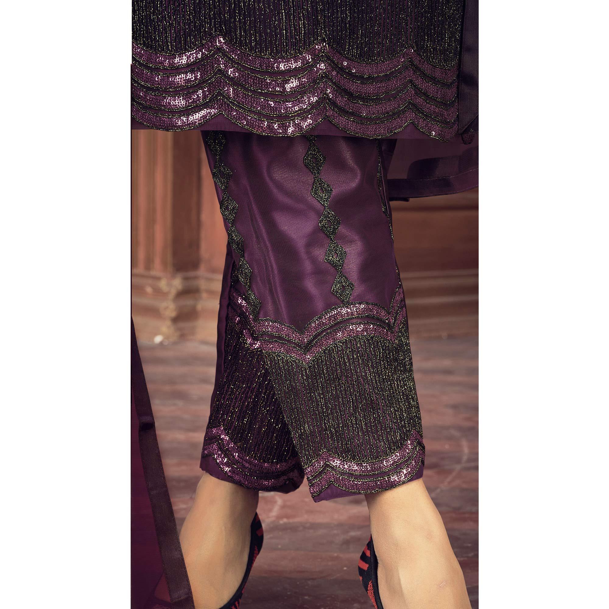 Purple Embroidered Netted Suit - Peachmode