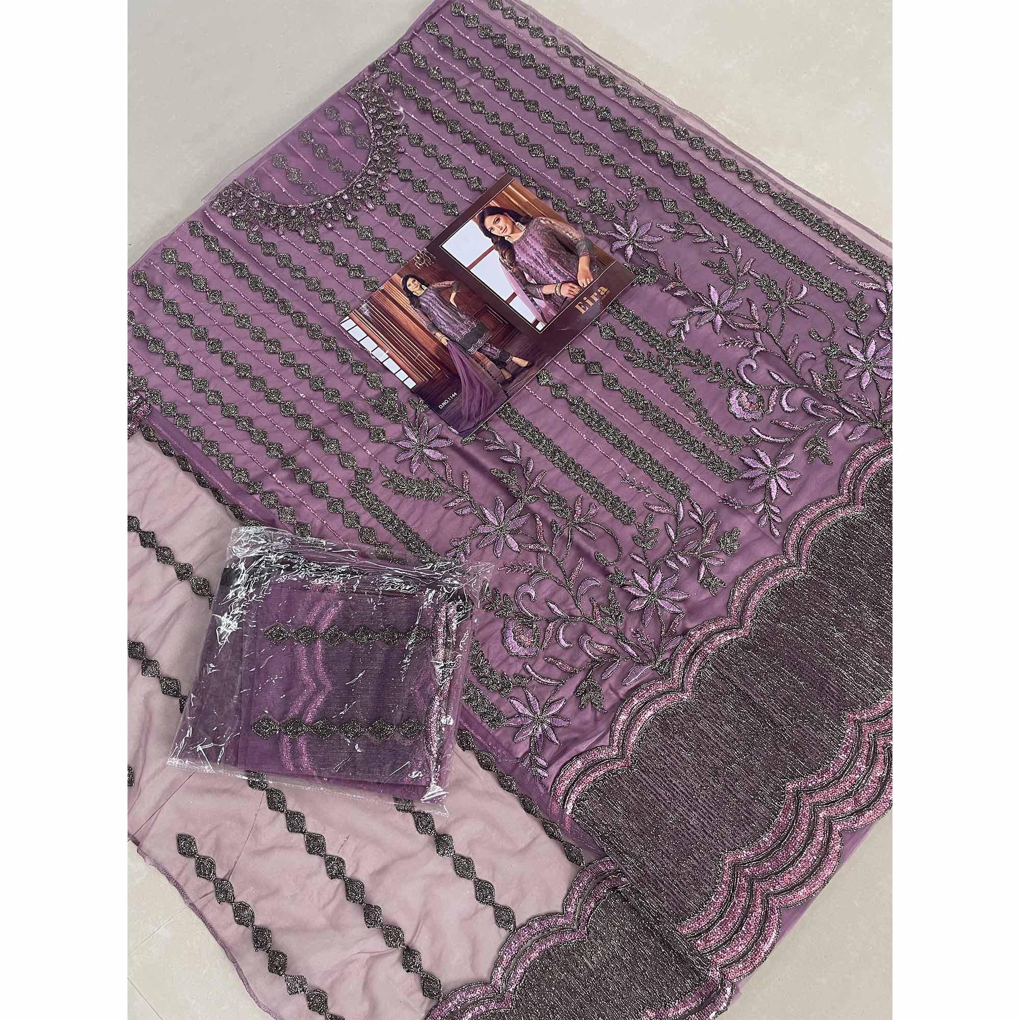 Purple Embroidered Netted Suit - Peachmode