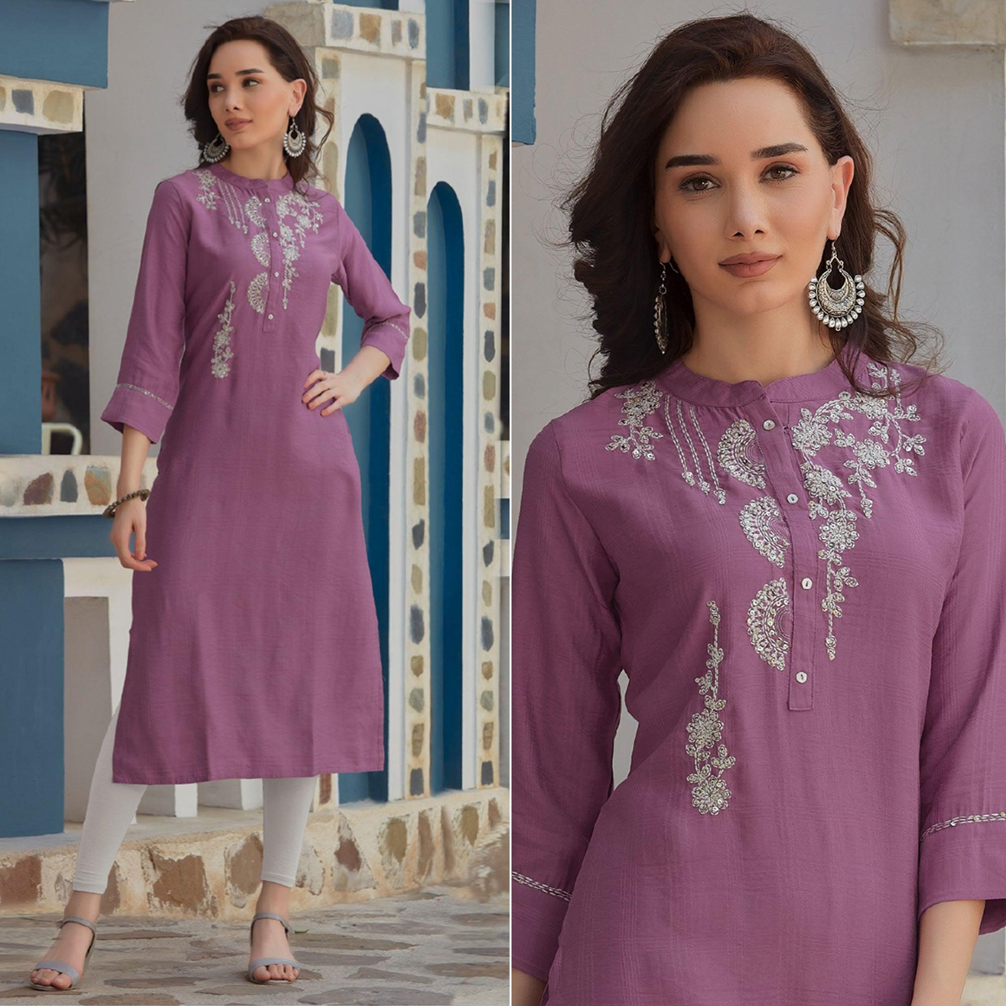Purple Embroidered Poly Cotton Kurti - Peachmode