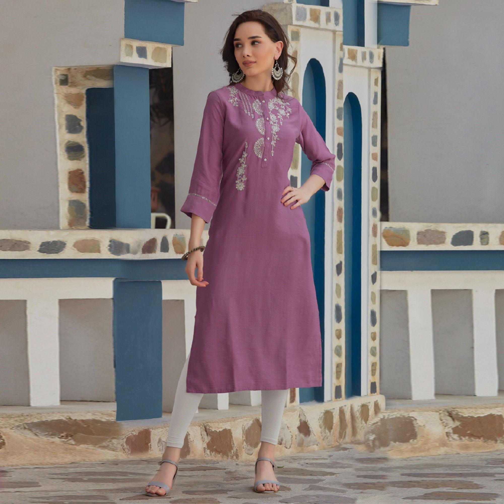 Purple Embroidered Poly Cotton Kurti - Peachmode