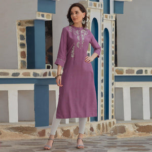 Purple Embroidered Poly Cotton Kurti - Peachmode