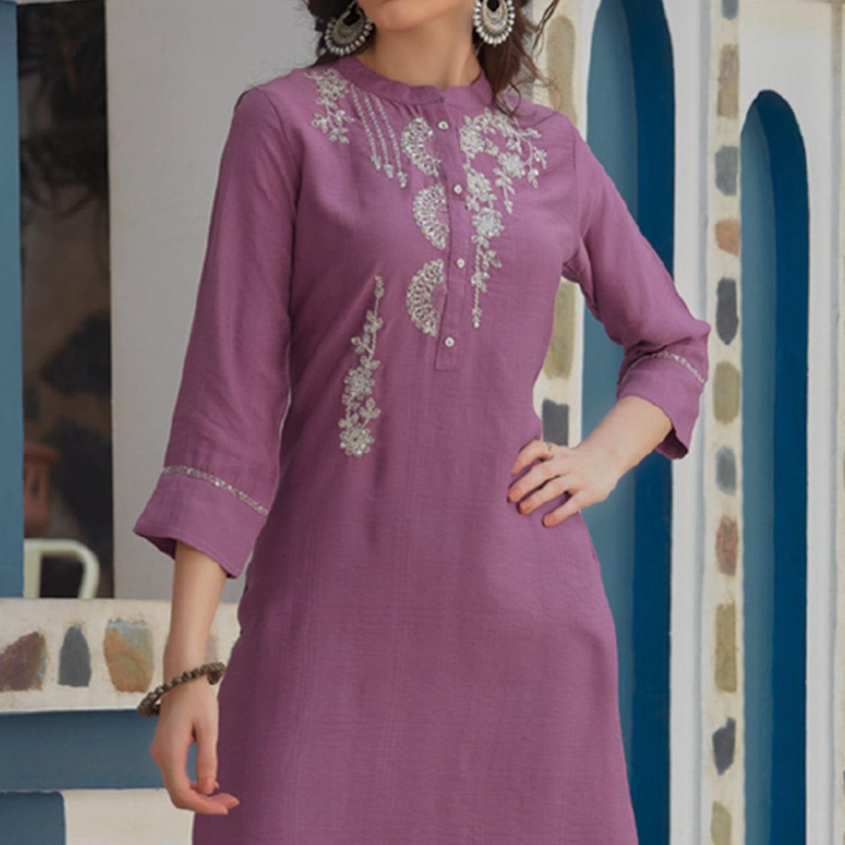 Purple Embroidered Poly Cotton Kurti - Peachmode