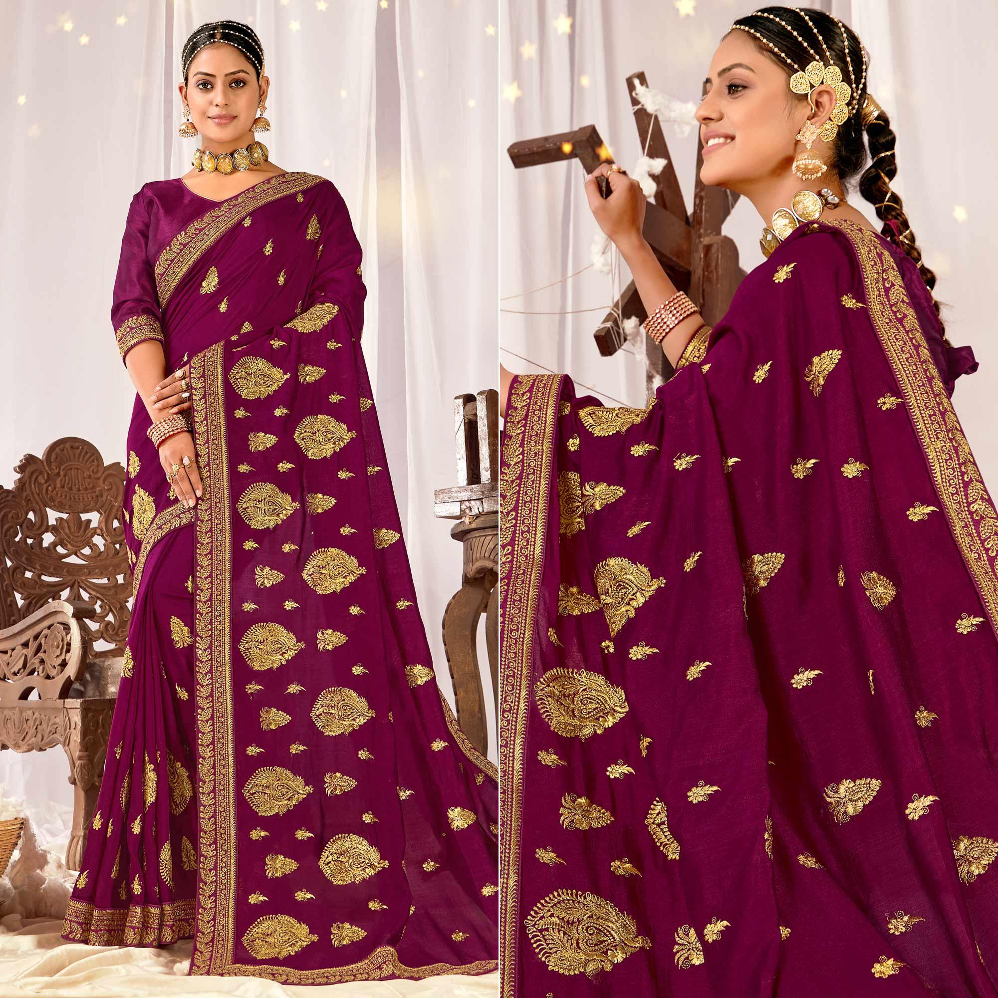 Purple Embroidered Vichitra Silk Saree - Peachmode
