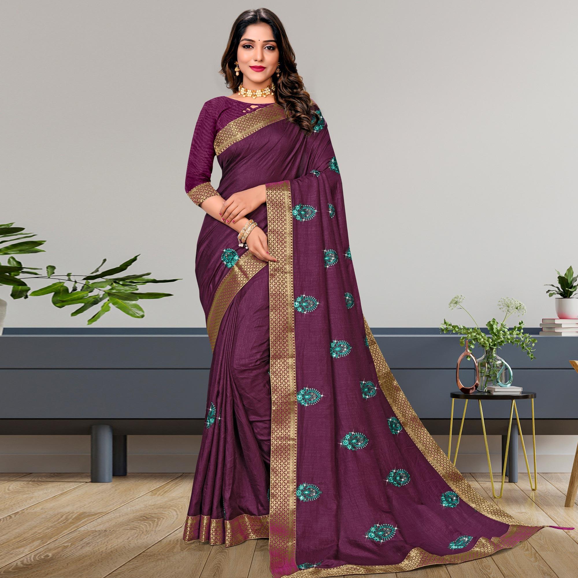 Purple Embroidered Vichitra Silk Saree - Peachmode