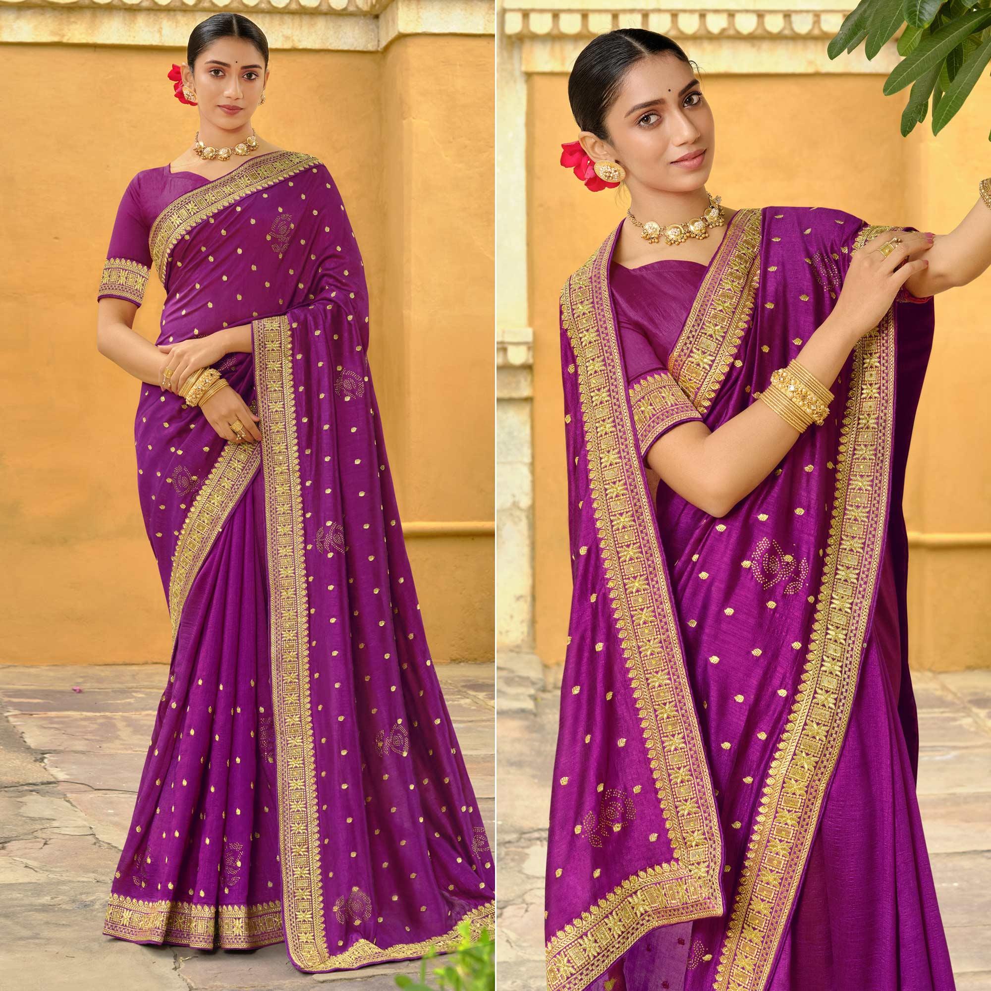 Purple Embroidered Vichitra Silk Saree - Peachmode