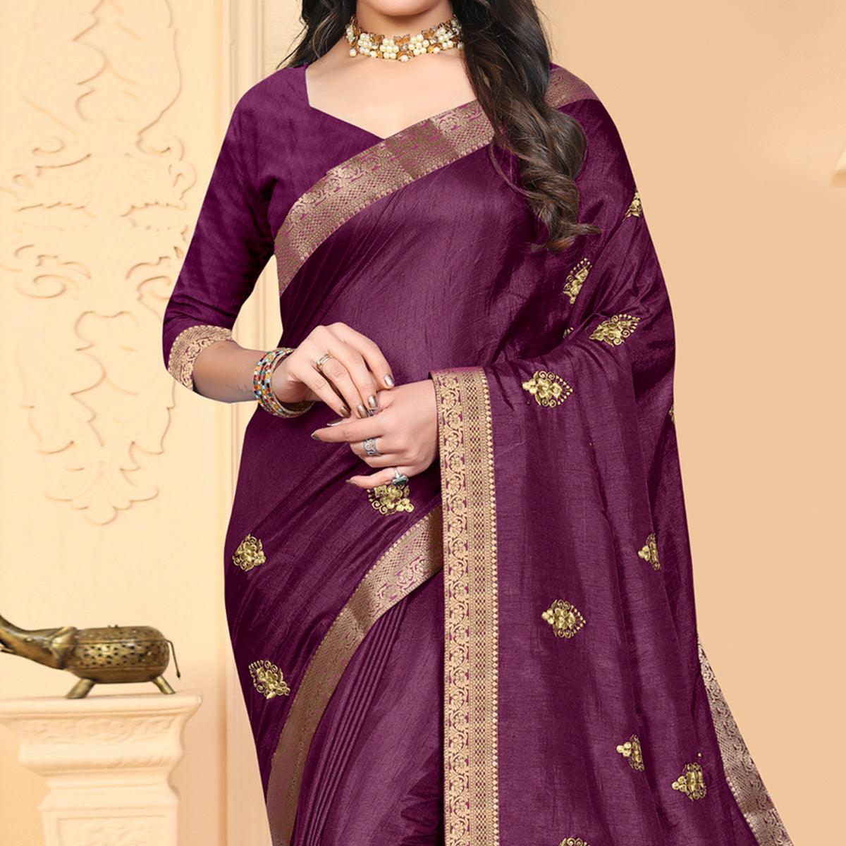 Purple Embroidered Vichitra Silk Saree - Peachmode