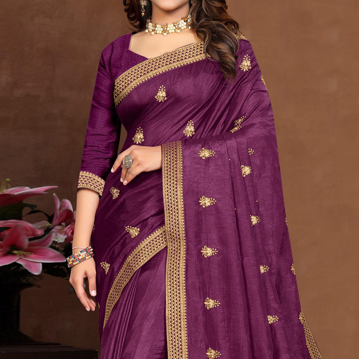 Purple Embroidered Vichitra Silk Saree - Peachmode