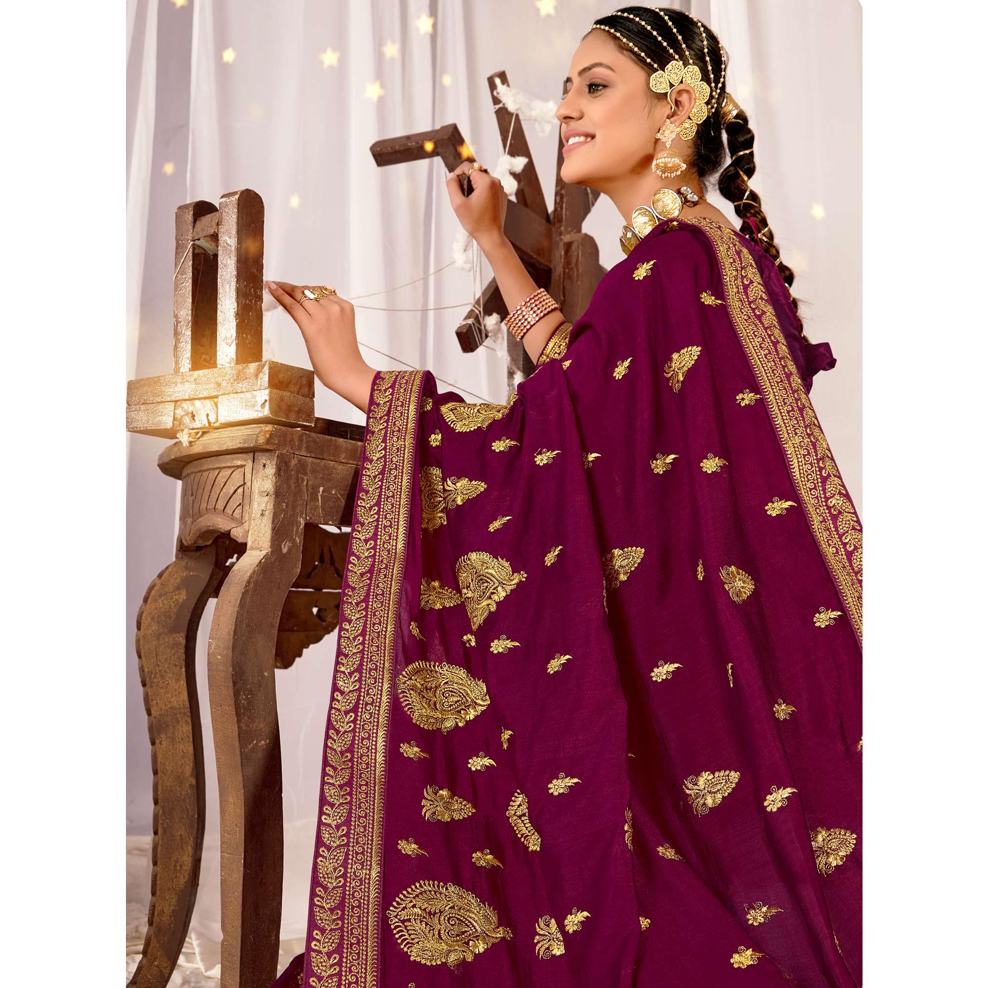 Purple Embroidered Vichitra Silk Saree - Peachmode