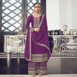 Purple Embroidered With Embellished Dola Silk Palazzo Suit - Peachmode