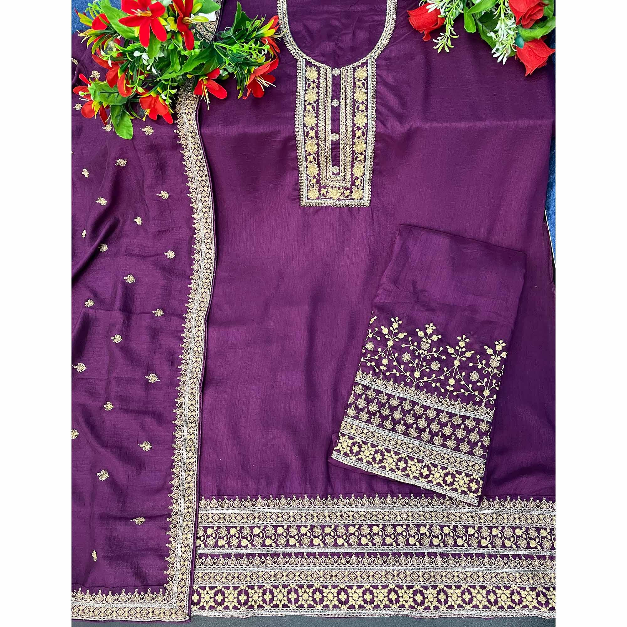 Purple Embroidered With Embellished Dola Silk Palazzo Suit - Peachmode