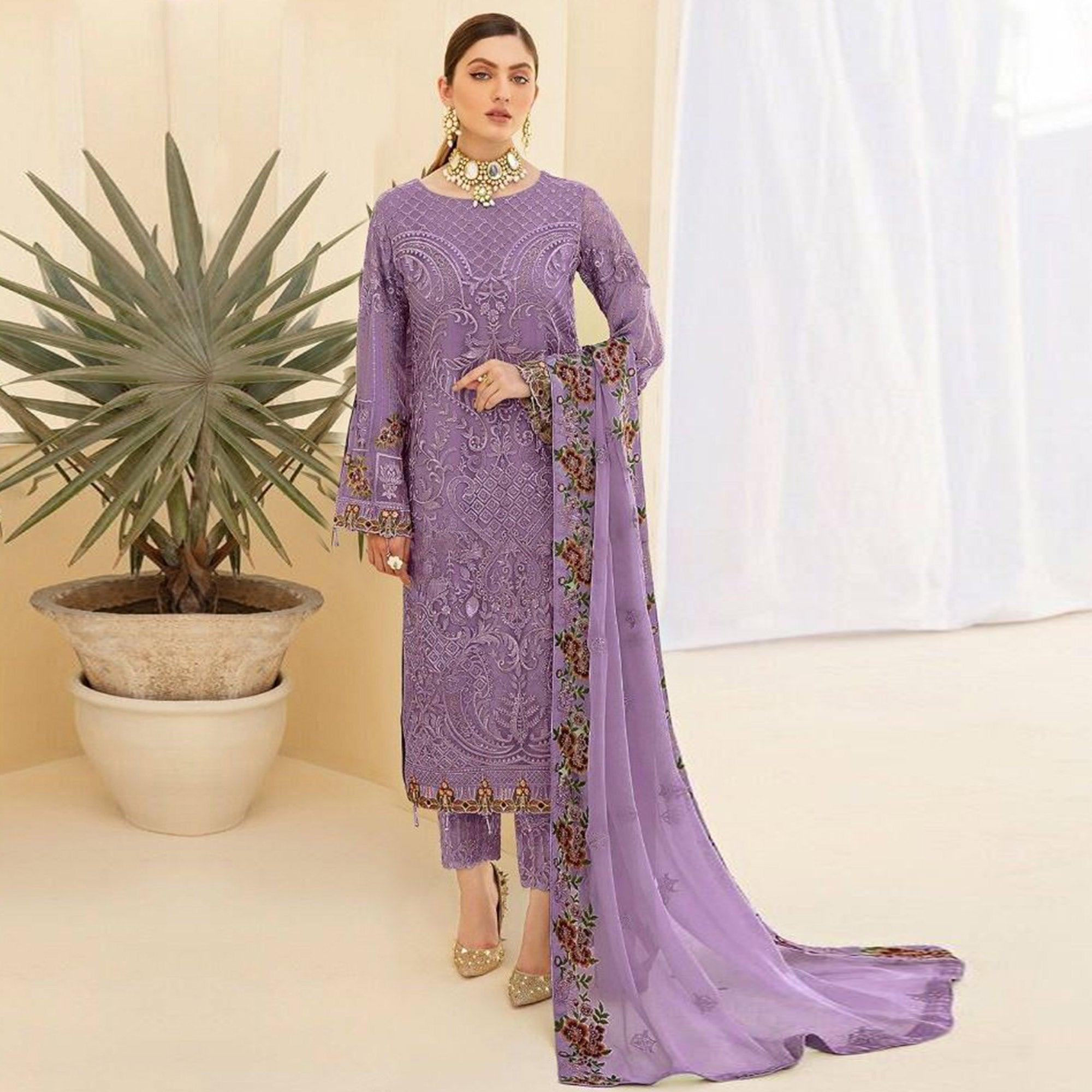 Purple Embroidered With Embellished Georgette Pakistani Suit - Peachmode