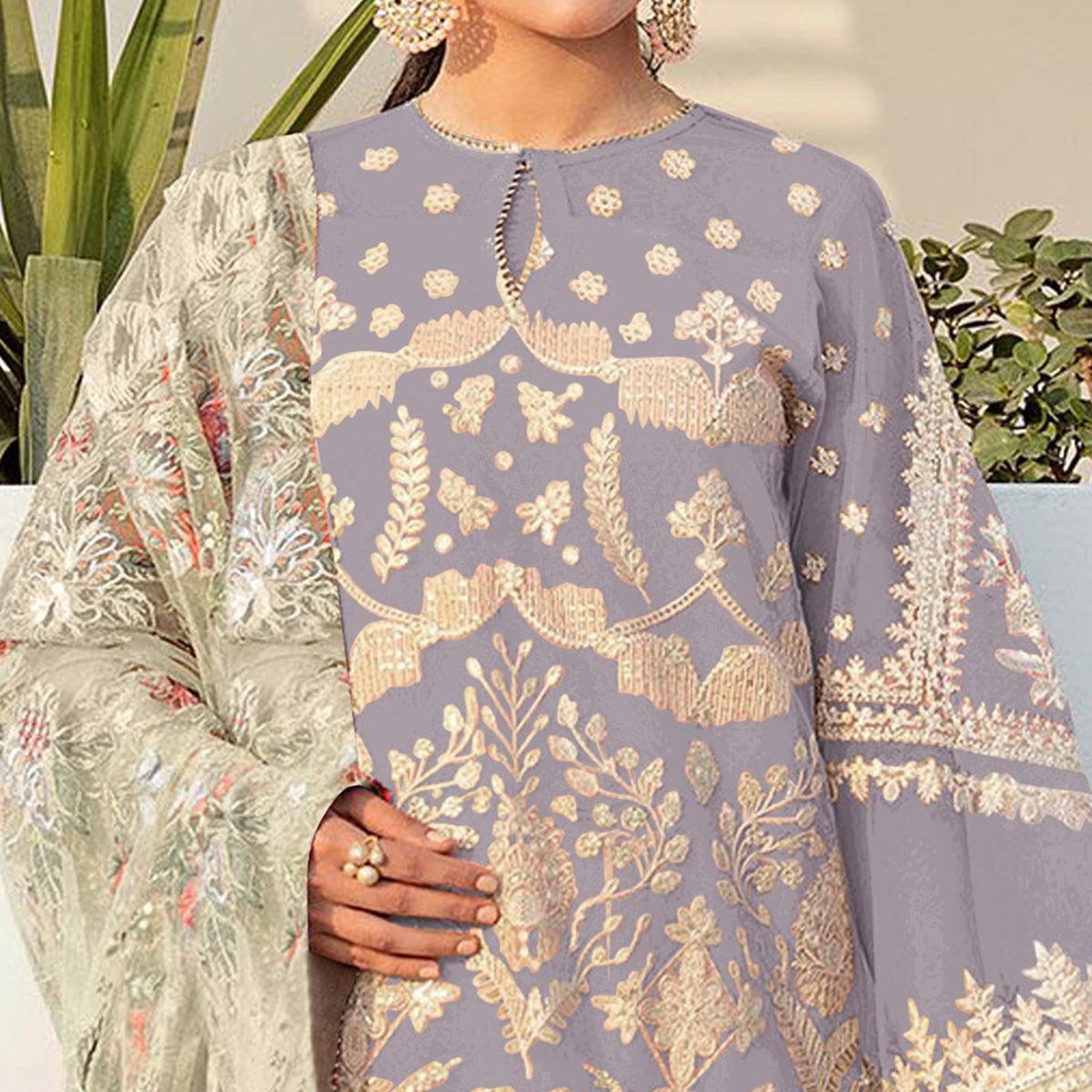 Purple Embroidered With Embellished Georgette Pakistani Suit - Peachmode