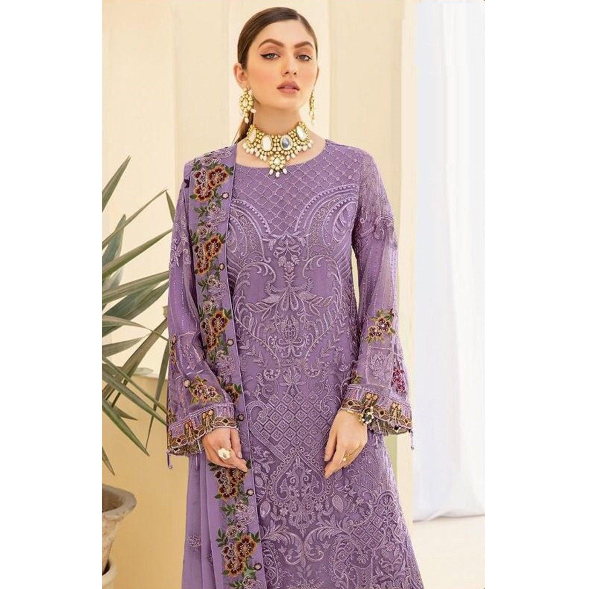 Purple Embroidered With Embellished Georgette Pakistani Suit - Peachmode