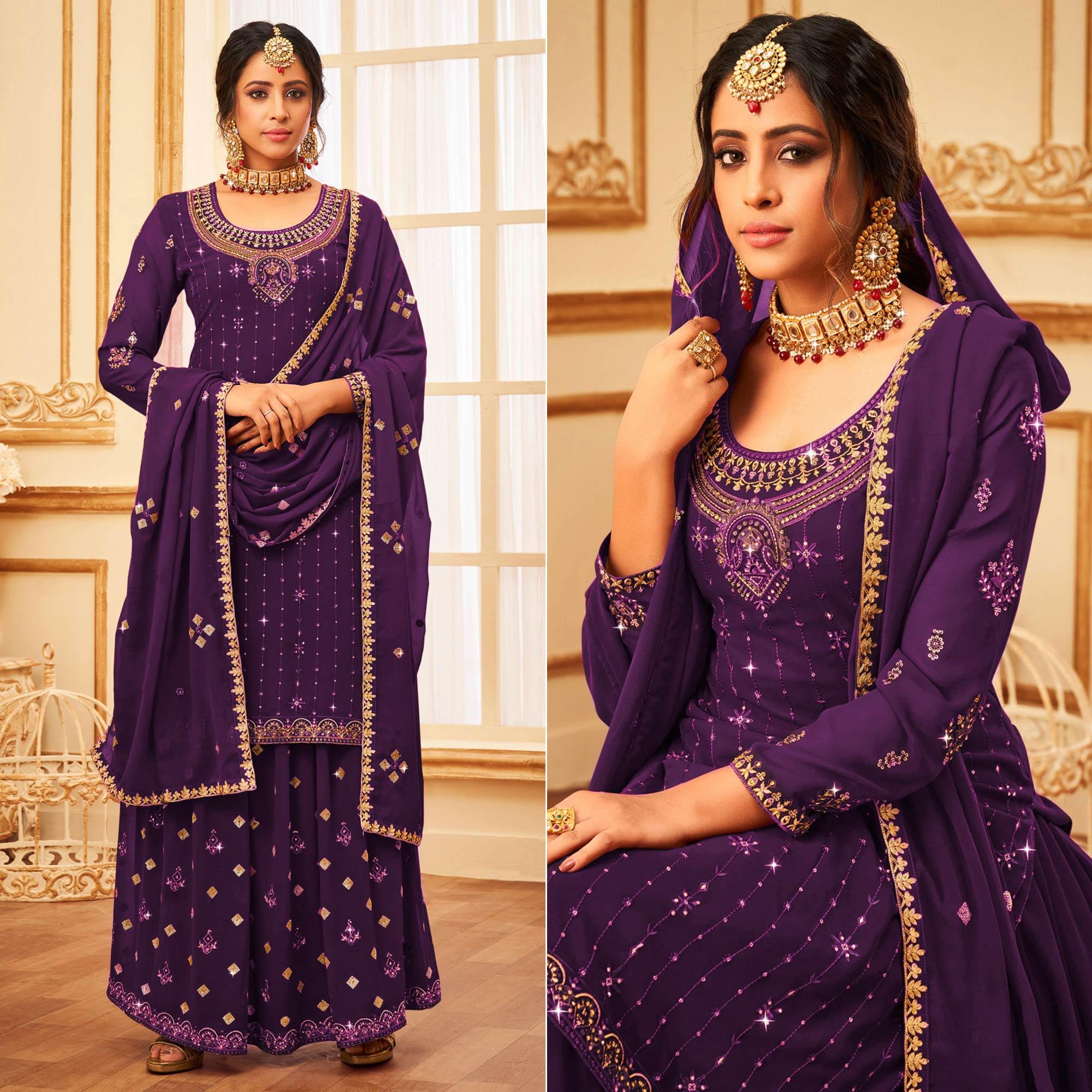 Purple Embroidered With Embellished Georgette Palazzo Suit - Peachmode