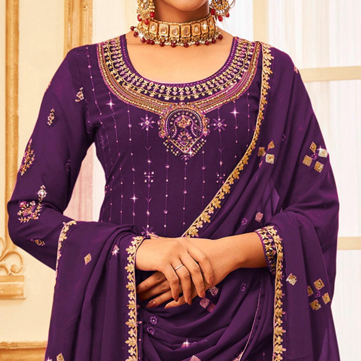 Purple Embroidered With Embellished Georgette Palazzo Suit - Peachmode