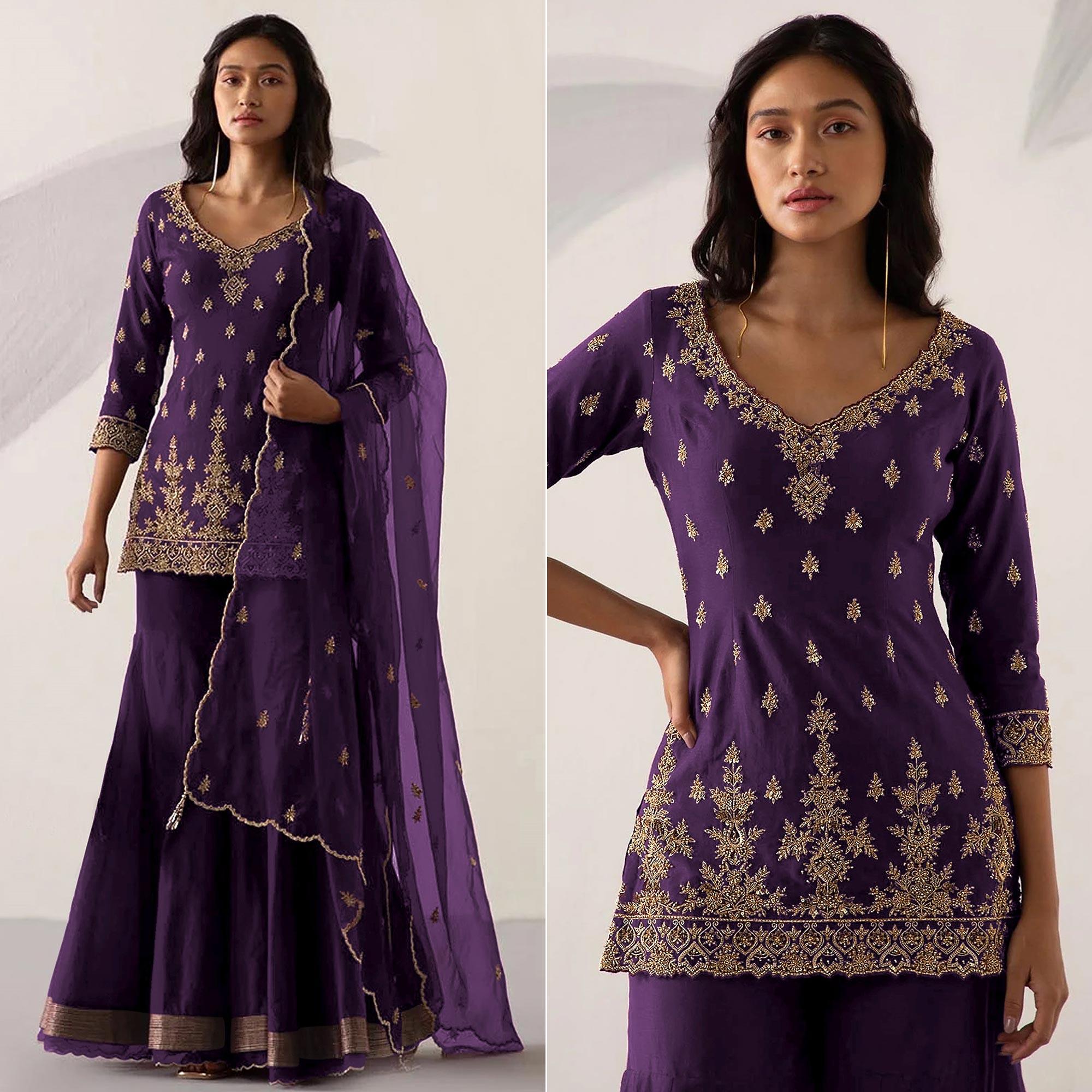 Purple Embroidered With Embellished Georgette Sharara Suit - Peachmode