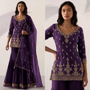 Purple Embroidered With Embellished Georgette Sharara Suit - Peachmode