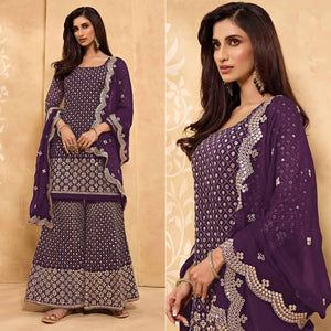 Purple Embroidered With Embellished Georgette Sharara Suit - Peachmode