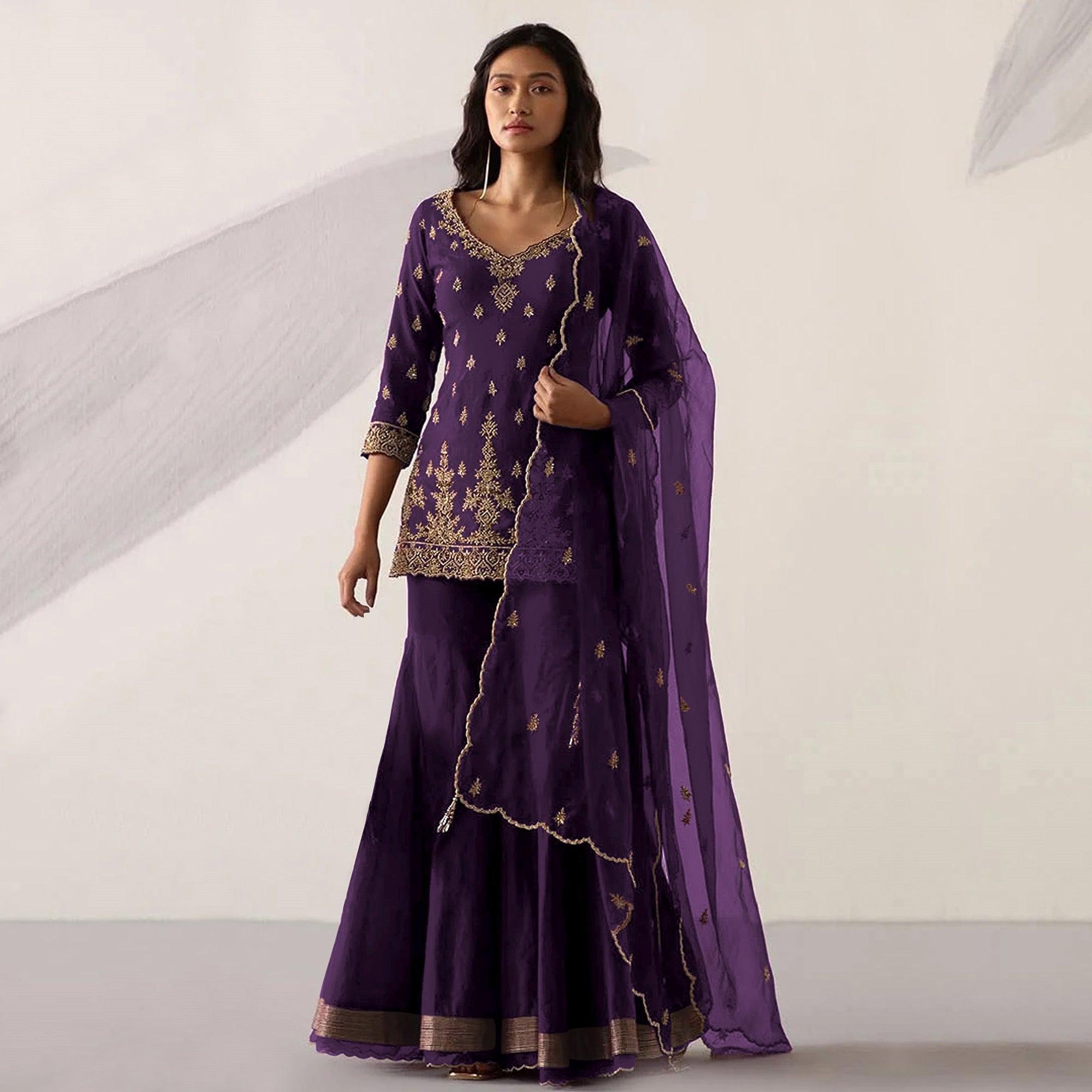 Purple Embroidered With Embellished Georgette Sharara Suit - Peachmode