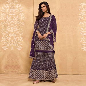 Purple Embroidered With Embellished Georgette Sharara Suit - Peachmode