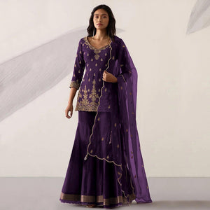 Purple Embroidered With Embellished Georgette Sharara Suit - Peachmode