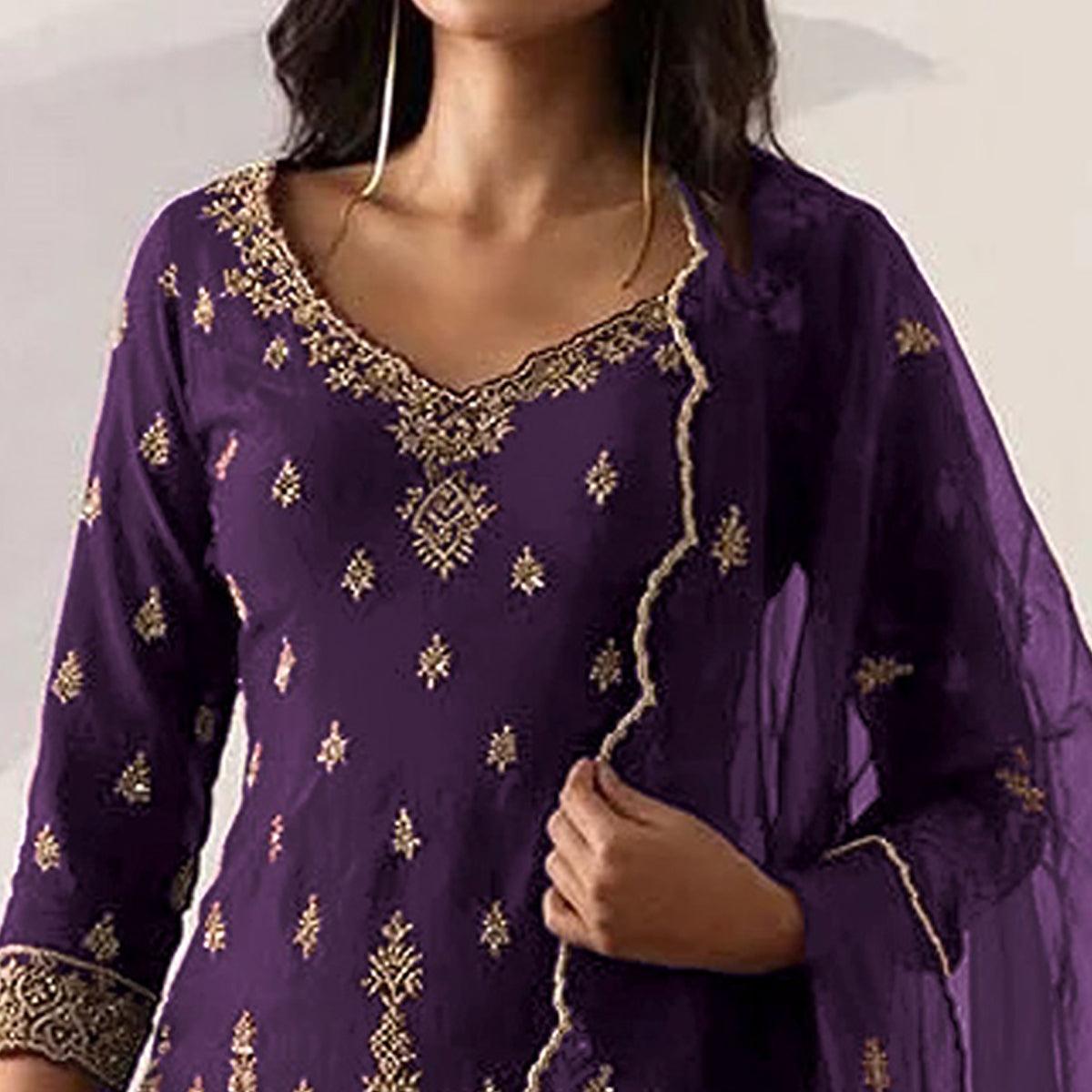 Purple Embroidered With Embellished Georgette Sharara Suit - Peachmode
