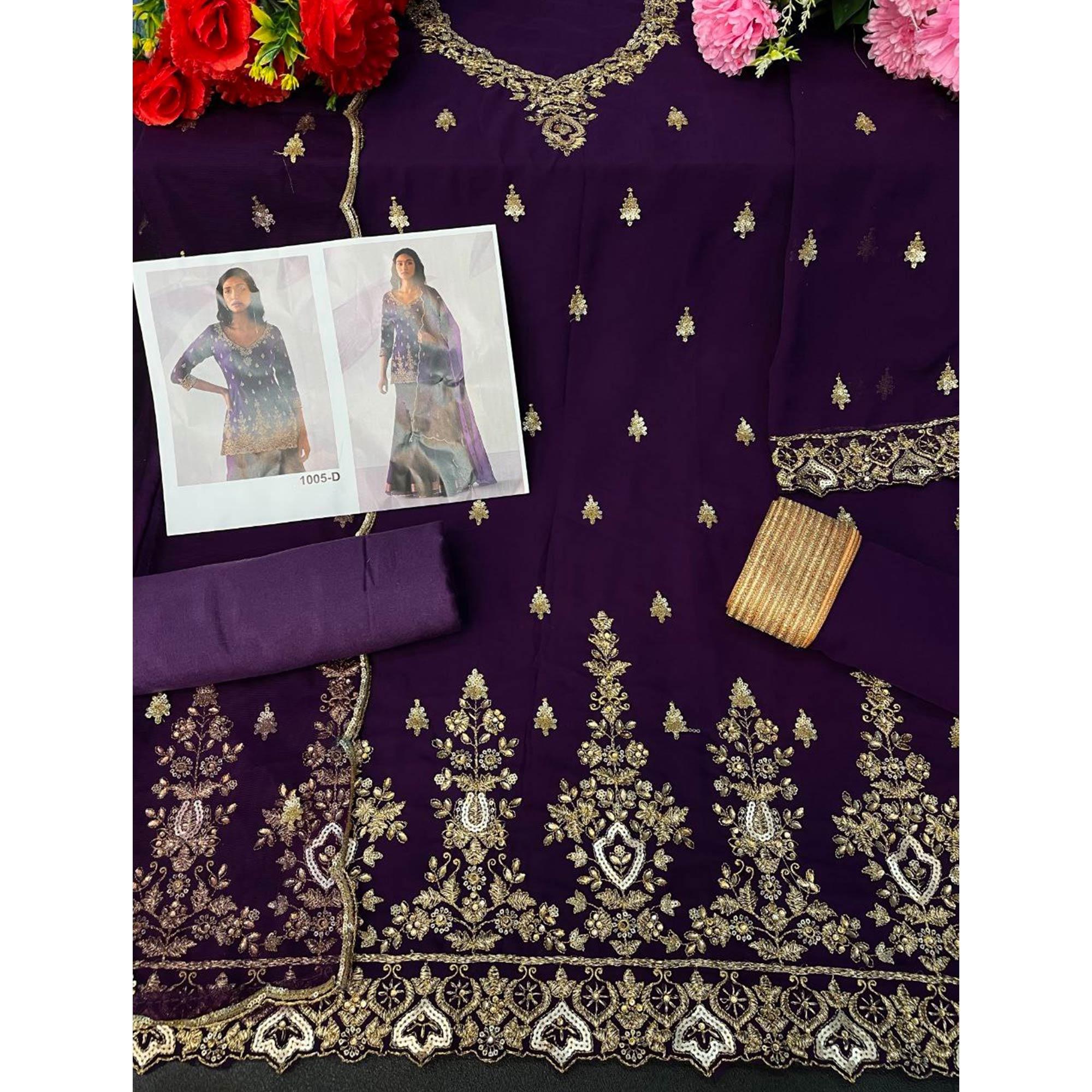 Purple Embroidered With Embellished Georgette Sharara Suit - Peachmode