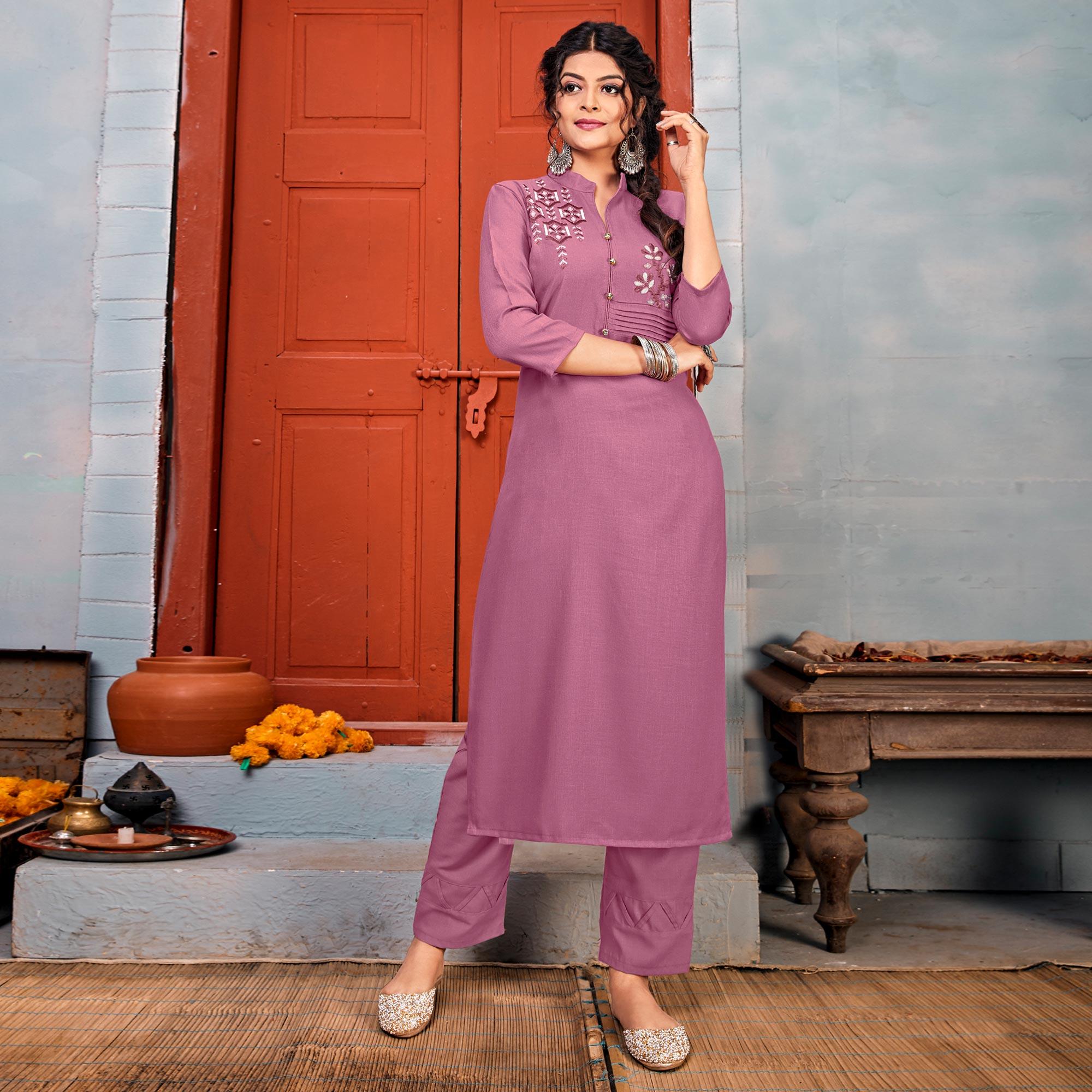 Purple Embroidered With Embellished Rayon Kurti Pant Set - Peachmode