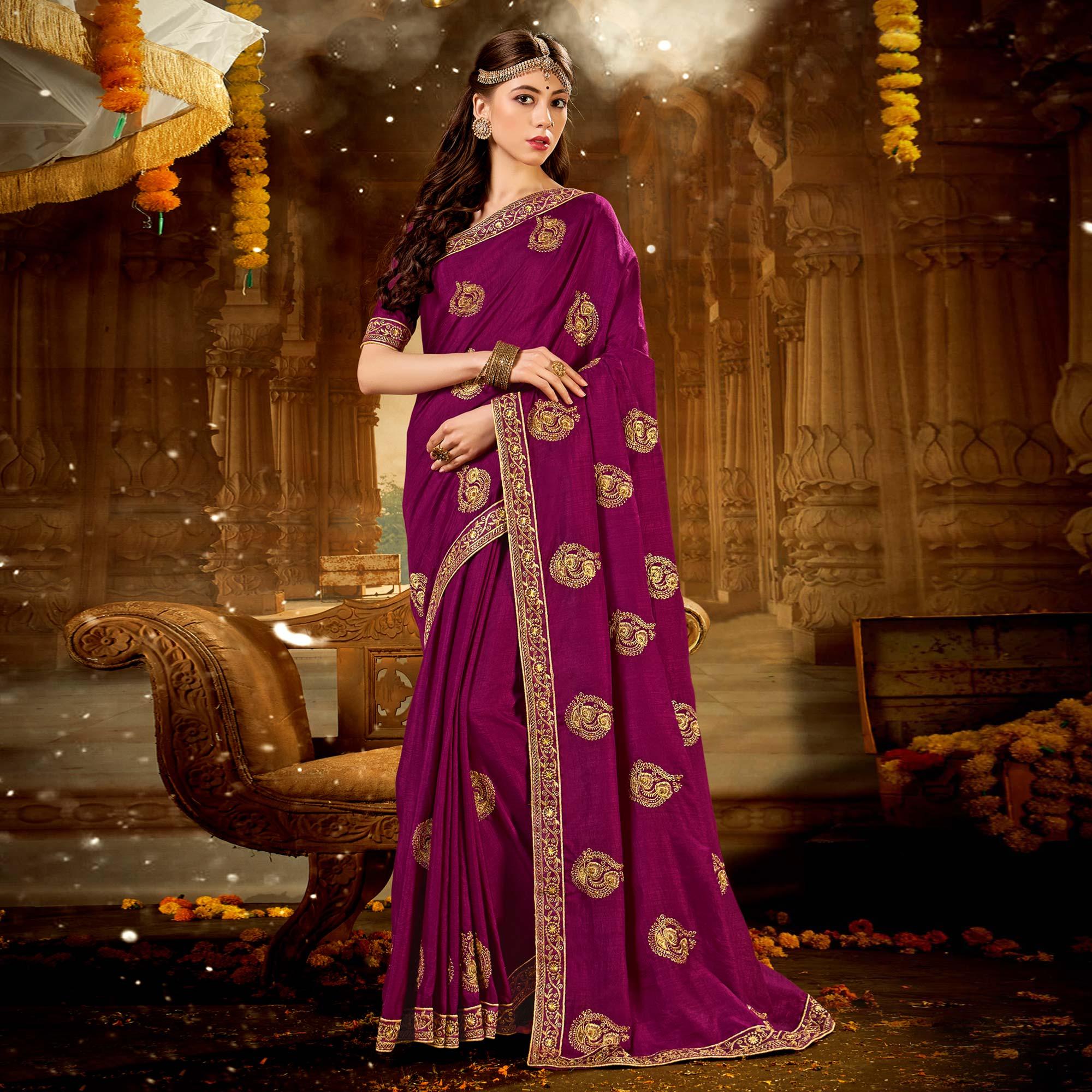 Purple Embroidered With Embellished Vichitra Silk Saree - Peachmode